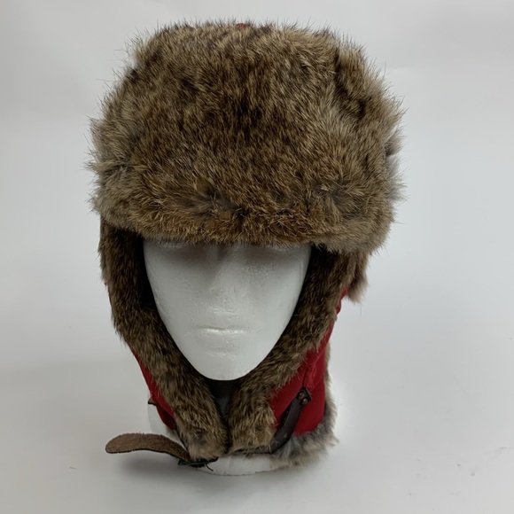 Mad Bomber Rabbit fur Nylon winter hat Red Brown Adjustable strap Linef Sz Small - Picture 2 of 12